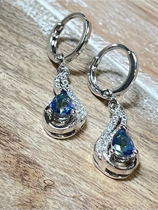 Jewelry - Blue Green AB Mystic Stone Teardrop Dangle Earrings in Silver Tone Setting